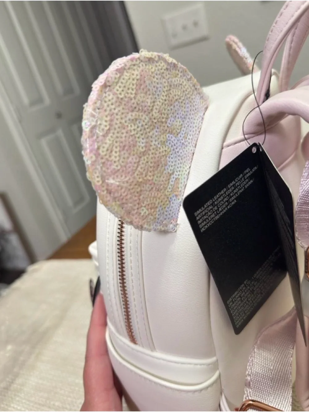 Loungefly White Mini Backpack with Pink Sequin Ears & Bow